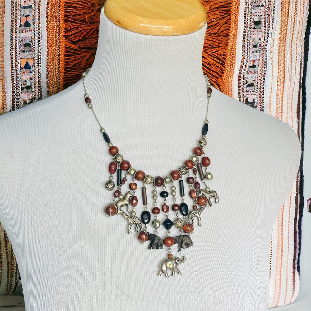 Vintage Animal Safari Beaded Bib Fringe Statement Necklace Rustic Boho Brown